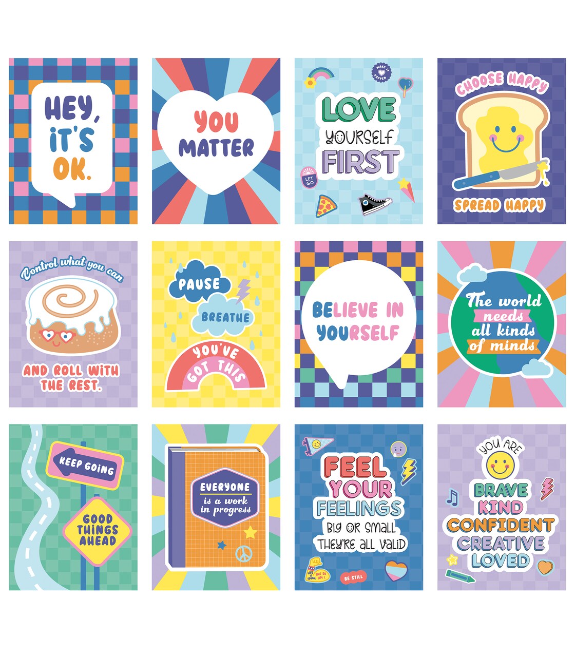 Carson Dellosa We Stick Together 12-Piece Posters Set, Motivational 8.5" x 11" 70s and 80s Groovy Wall Art With Positive Affirmations for Bulletin Board, Door, Retro Classroom Decor
